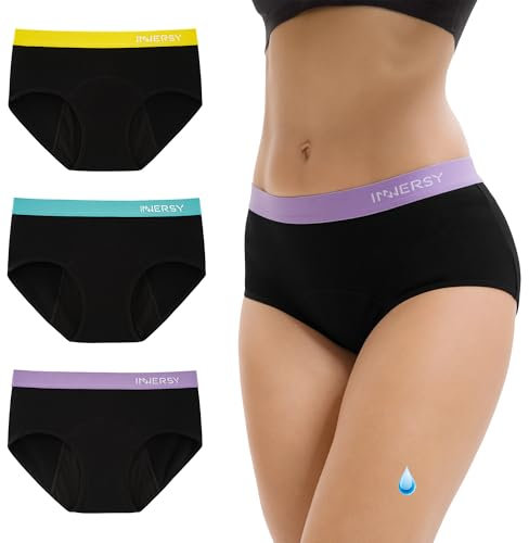 INNERSY Period Pants Black Menstrual Knickers Light Flow Leak Proof Underwear Hipster Panties 3 Pack(12, Colourful Black)