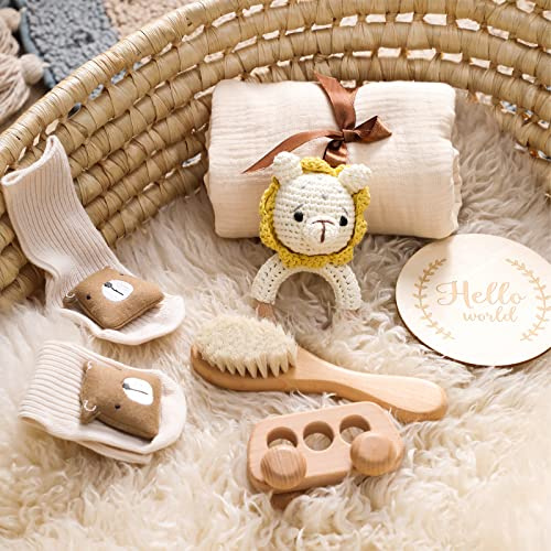 Youuys 6-delad nyfödd bebispresent, present till pojke flicka, badhanddukar, skallra, träleksaker, stegkort, strumpor, borste, babyshower (gult lejon)