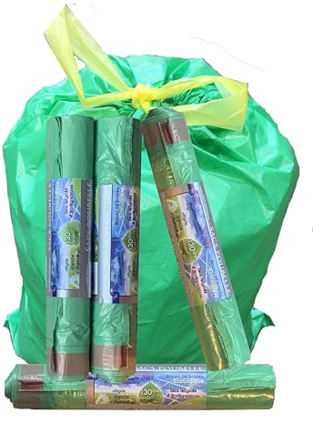 Lot 40 sacs poubelle 130 L, recyclé et 100% recyclable avec lien coulissant, écologique, rigide étanche pratique, durable. Livré en 4 rouleaux de 10 sacs. Tri sélectif, recyclage éco-responsable.