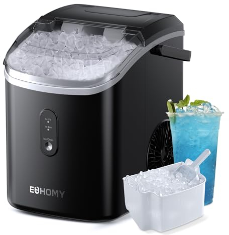 EUHOMY Eiswürfelmaschine, 15kg/24h, Herstellung in 6 Minuten, Crushed Ice Maker, Nuggets Ice, Automatische Reinigung, 120W Tisch-Eiswürfelmaschine, Infrarot-Sensor, Energieeffizient, Schwarz