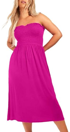 NetSetUK Women's Strapless Sheering Boob Tube Gather Oversized Plus Size Elasticated Bust Bandeau Plain Beach Summer Sleeveless Top Midi Dress for Ladies 8-22 Fuchsia