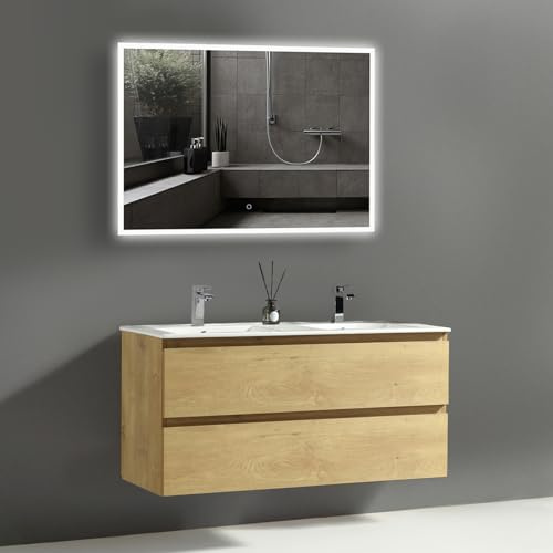 Alpenberger Vivento 120 Meuble de Salle de Bain avec Meuble Bas de 120 cm de Large - Double lavabo avec lavabo - Miroir de Salle de Bain avec LED (Vivento 120 chêne Naturel)