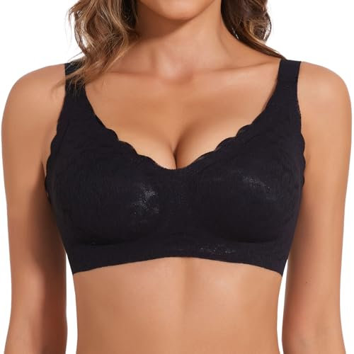Joyshaper Reggiseno Donna Senza Ferretto Push Up Con Pizzo Imbottito Reggiseno Scollo V Bra Confortevole Bralette, Nero/Pizzo, M