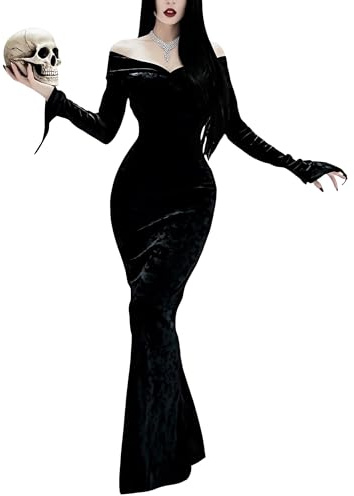 LUYANA Women Halloween Costumes Dress Elegant Off Shoulder Party Long Dress A-Black XL