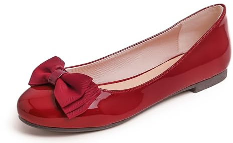 Feversole Dam rund tå söt rosett trim balettskor, Retro röd patent tri rosett, 38 EU