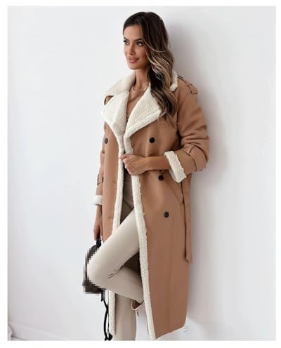 INFJMH Women's Fleece Long Blazer Jacket Winter Notched Lapel Sherpa Lined Trench Coat Faux Leather Outwear with Belt