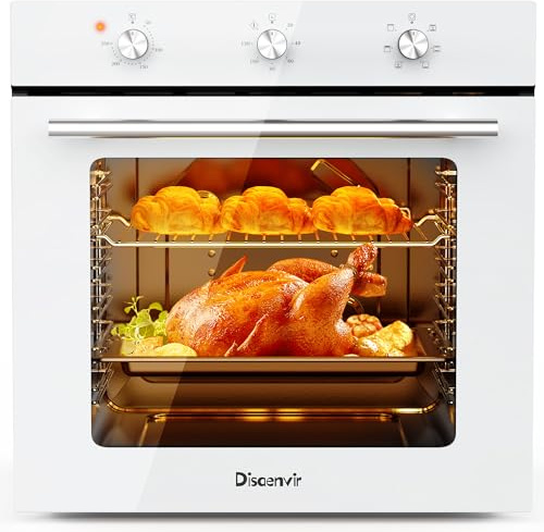 Disaenvir Electric Oven 60L with Plug, Built-In Single Oven 6 Functions | Knob Control, 3D Hot Air Baking, Timer, 250℃ High-Temperature Cooking, Convection Mode, 2200W, 60 cm