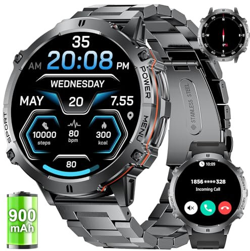 LIGE Montre Connectée Homme avec 900mAh Batterie, 1.73 HD AMOLED Montre Podometre avec Appels Bluetooth/110 + Modes Sportifs/Fréquence Cardiaque/Sommeil Moniteur, Android iOS Montre Militaire Homme