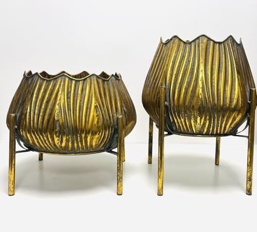 My Square Mile Gold Plant Pot Stand On Legs, Indoor Vintage Planer Cachepot (Tall Height 38cm, Width 27cm Pot Opening 20cm)