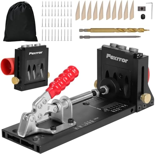 Fexrror Aluminum Pocket Hole Jig Tool Kit, 56 Pcs Pocket Hole Jig System with Storage Bag, 15° Angle Hole, Dust Port, Addtional Slider Holder, Pocket Screw Jig for DIY Woodworking