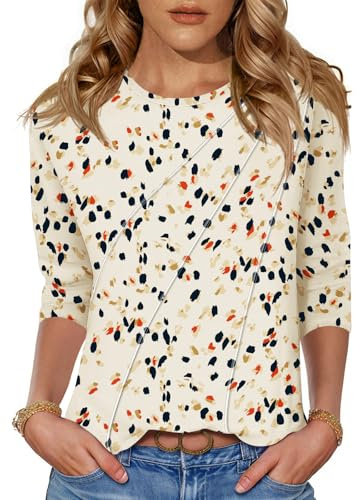 Kistore Womens 3/4 Sleeve T Shirts Crew Neck Tops for Women Pleated Dressy Tunic Top Dressy Casual Petite Tops Printed L