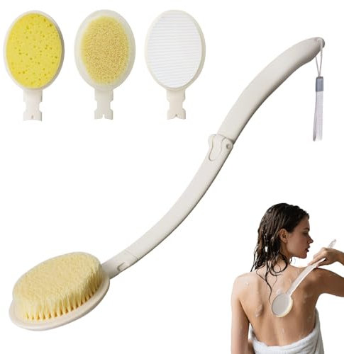 Hossom 3-in-1 Klappbare Rückenbürste mit Eincremehilfe & Duschschwamm | Badebürste mit Langem Stiel für Senioren,Trockenbürste (Dry Brush) & Körperpeeling | Ideal für Rücken,Beine & Empfindliche Haut