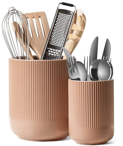 LE TAUCI Ceramic Utensil Holder, 18.5+14cm, Set of 2, Dusty Pink | Ceramic Large Cooking Utensil Pots for Kitchen Counter, Morden Utensil Organizer for Spatula