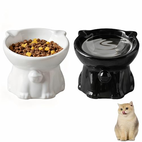 Luxvara 2 Pezzi Ciotola Gatto Rialzata, Inclinazione di 15°, Anti-Vomito, Ciotola per Alimenti per Gatti in Ceramica, per Gatti, Cani di Piccola Taglia, Cibo e Acqua (Nero, Bianco)