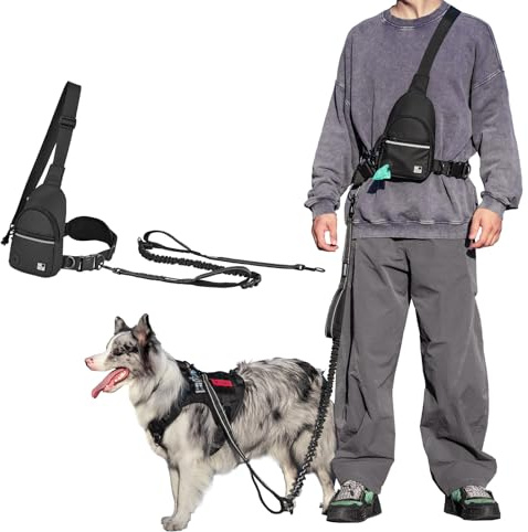OneTigris Guinzaglio da jogging per cani, con cintura imbottita, tasca sul petto, anti-stress, doppio manico, riflettente 3 in 1, adatto per escursioni, corsa, allenamento, 130-180 cm