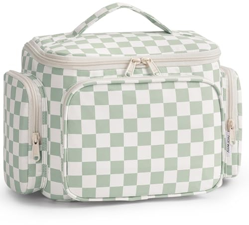 Narwey Neceser Viaje Mujer Colgante, Bolsa de Aseo Grande, Neceser Maquillaje Organizador con Compartimentos, Large Toiletry Bag, Viajes Accesorios (Cuadriculado Verde Menta)