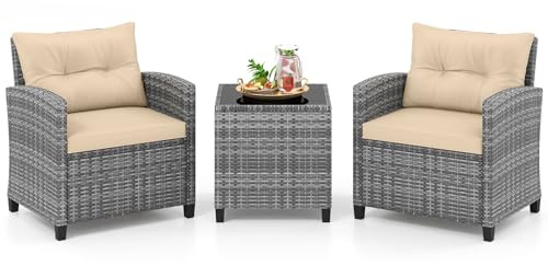 COSTWAY Ensemble de Meubles 3 Pièces de Patio en Rotin PE, Salon de Jardin 2 Fauteuils Table Basse avec Plateau en Verre Trempé 4 Coussins Amovibles, pour Cour Piscine, Charge 180KG (Gris+Beige)