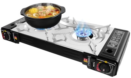 KEESUNG Gaskökare campingspis, campingkök med 2 lampor campingspis utomhus camping gaskokare grillplatta bordsgrill resväska gasgrill för utomhus och inomhus