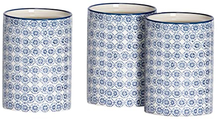 Nicola Spring Patterned Kitchen Canisters - 1 Litre - Pack of 3 - Navy Porcelain Hand Printed Kitchen Storage Jar Airtight Biscuit Barrel for Biscuits, Oats, Tea, Coffee