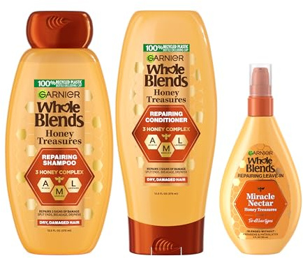 Garnier Whole Blends Honey Treasures Repairing Shampoo, Conditioner + Miracle Nectar Leave-In Set for Dry, Damaged Hair (3 Items), 1 Kit (Packaging May Vary)