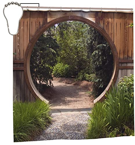 Japanese Decor Garden Shower Curtain Outdoor 3D Picture Shower Curtain for Garden Fence Waterproof & Mould Resistant Design Bath Curtain Sets with 12 Hooks