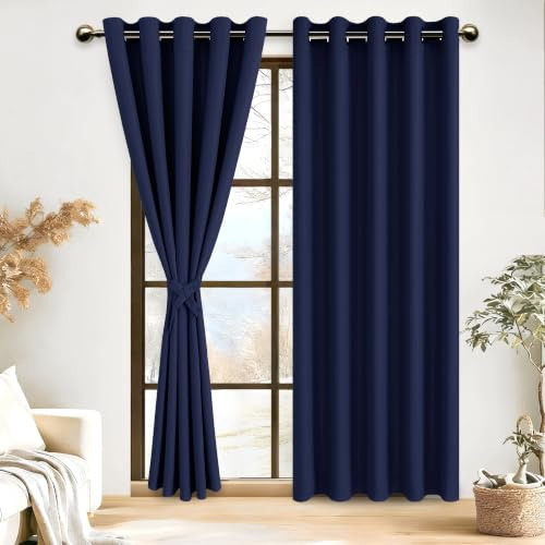 DWCN Navy Blue Blackout Curtains with Tiebacks for Bedroom Thermal Insulated Solid Eyelet Curtains for Living Room,2 Panels,66 Wide x 90 Drop