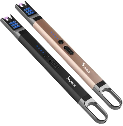 SUPRUS Electric Arc Lighter Windproof Flameless USB Rechargeable Lighter with LED Light for Candle Camping BBQ Cooking (Black+Champagne Gold)