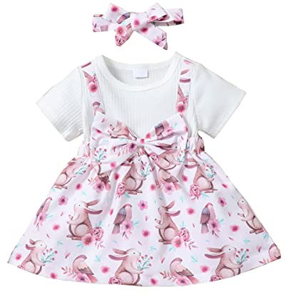 Verve Jelly Toddler Baby Girls Easter Dress Short Sleeve Cute Bunny Dress with Bowknot Summer Casual A-line Skirt Pink 9-12 Months