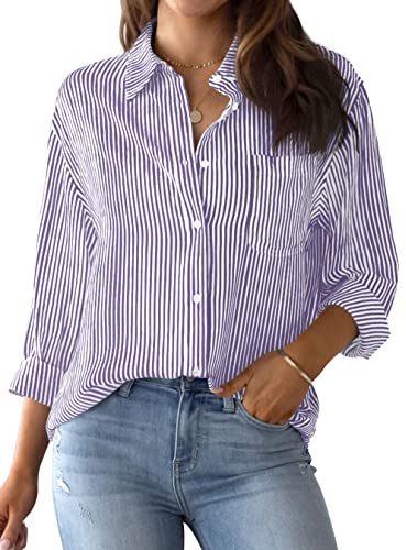 NONSAR - Camicetta da donna, elegante, a maniche lunghe, con bottoni, casual, da ufficio, da lavoro, in cotone, viola., XXL