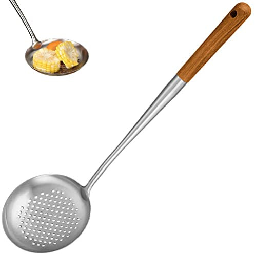 Vepoty Stainless Steel Slotted Skimmer Spoon with Wooden Handle for Draining Frying