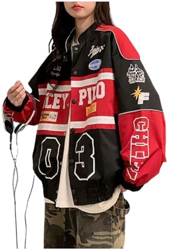 Varsity Jacket for Women Patchwork Long Sleeve Racing Bomber Letterman Jackets Color Block Y2k Vintage Streetwear (Red,L)