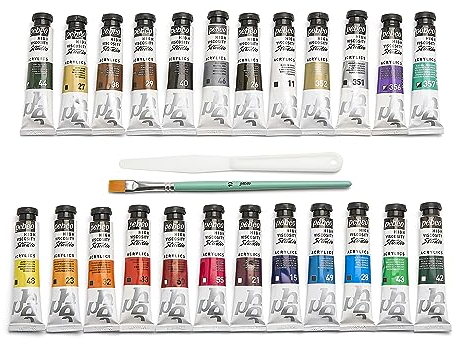 PEBEO - Studio Acrylics - Set 24 Tubes 20 Ml Couleurs Assorties + Accessoires - Kit de Peinture Acrylique pour Artiste et Débutant - Pinceaux + Spatule + Carton Toilé - Couleurs Lumineuses