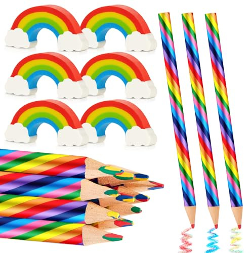 Tenare 24 Stück Regenbogen Buntstifte Set 12 Regenbogenstift mit 12 Regenbogen Radiergummis 4 in 1 Farbstifte Bunte Bleistifte Malen Zeichnen Geburtstag für Erwachsene Schule Basteln