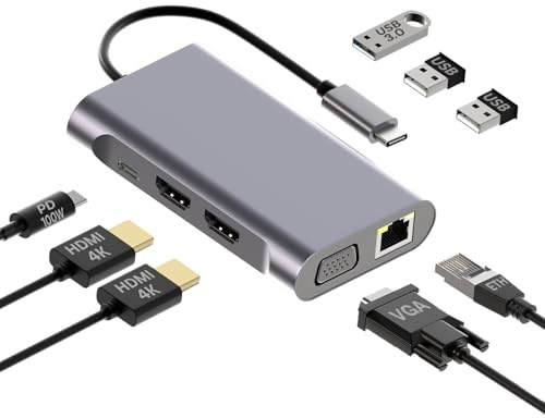 MMOBIEL USB-C till Dubbel HDMI-Hubb - 8-i-1 USB-Hubb - Dockningsstation för USB 3.0, 2x USB 2.0, 2x HDMI, VGA, PD och ETH - Trippelskärm för Bärbara Datorer, Surfplattor, Smartphones etc. - Aluminium