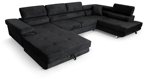 SOFILAND Ecksofa Aller U XXL-Ecksofa mit Schlaffunktion und Zwei Bettkästen in Schwarz, rechte Seite (Schwarz)
