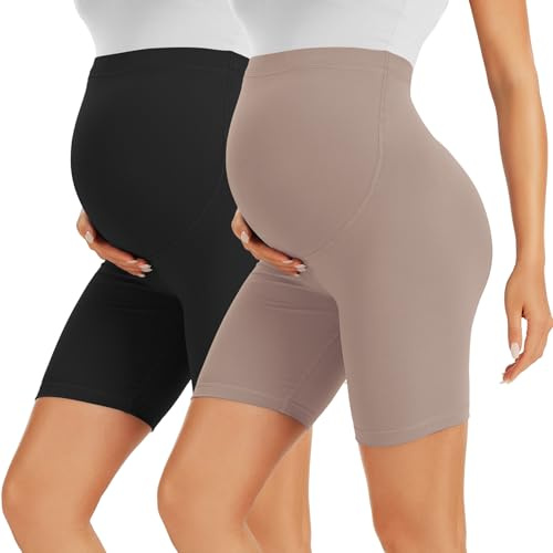 VALANDY Mammakläder shorts över bula moderskap tights magstöd moderskap kläder fjäril mjuka stretchiga justerbara graviditetsbyxor, 2-pack-svart/kaki, L