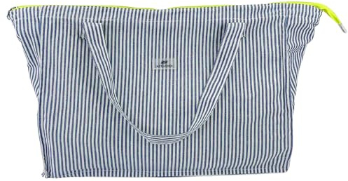MY WANDER | Bolsa de Playa XXL con Cremallera | Bolso Tamaño Familiar 50L | 54x41x22cm | Plegable y Sostenible | Estampado Rayas Azul