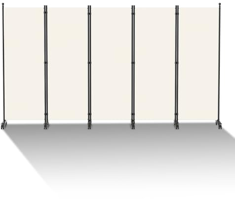 Yakimz Separador de habitaciones con ruedas, 5 piezas, plegable, independiente, biombo, separador de habitaciones, para salón, dormitorio, vestidor, protección visual, color beige, 284 x 181 cm