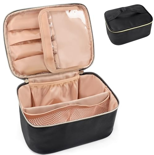 Neceser Maquillaje, 25x17x12 cm Neceser Maquillaje Organizador con Bolsillo para Cepillo, para Mujeres y Niñas (Negro)