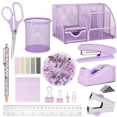 OFFCUP Kit de Papelería de Oficina, Juego de Suministros de Oficina con Organizador de Escritorio, Grapas, Cinta, Qquitagrapas, Tijeras, Regla, Portalápices y Notas Adhesivas (Púrpura)