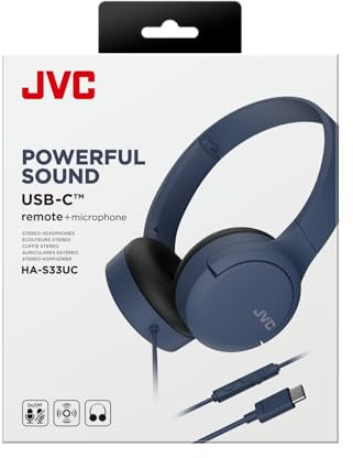 JVC Auriculares Supraaurales HA-S33UC-A Azul | Auriculares Diadema con Cable USB-C | Casos con Cable Ligeros, Plegables, Control Remoto y micrófono