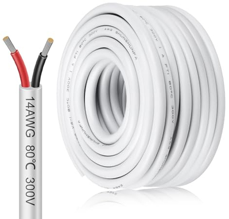 inShareplus 14AWG 2x2mm² 20 Meter Electrical Wire 2 Core Cable, 5V/12V/24V White Tinned Copper Wires, 14 Gauge 300V Flexible and Soft Outdoor Cable High Temperature Resistant Extension Wire