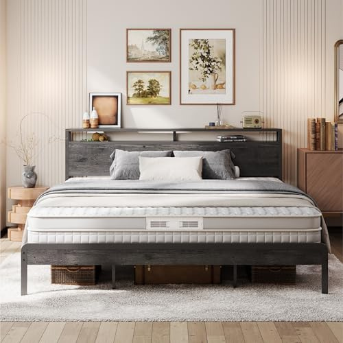 LIKIMIO King Bed Frame with Headboard, Dark Wood Camas King with Strong Supports, Sturdy, Noise-Free, No Box Spring Needed, Grey
