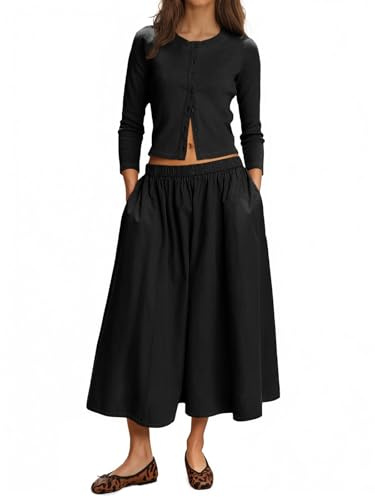 Tankaneo Ensemble jupe 2 pièces décontractée en tricot côtelé pour femme | Ensemble cardigan pour femme, ensemble de détente, vacances, voyage, ensemble de robes assorties, manches 3/4