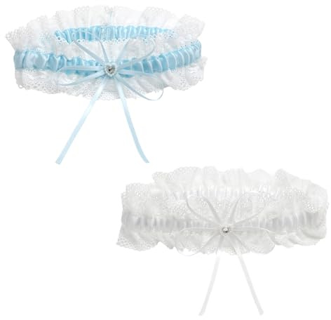 Strumpband bröllop uppsättning av 2 elegant spets med rosett och strass elastisk och bekväm för låren 33–66 cm något blått för bruden, perfekt present till bröllop, strumpeband, blå för bröllop