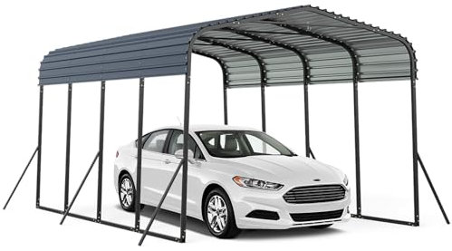 COSTWAY Abri de Voiture Métallique 440 x 300 cm Extérieur, Tente de Garage avec Base Renforcée et 4 Pieds Inclinés Supplémentaires Toit Rigide, pour SUV Bateaux Tracteurs Événements