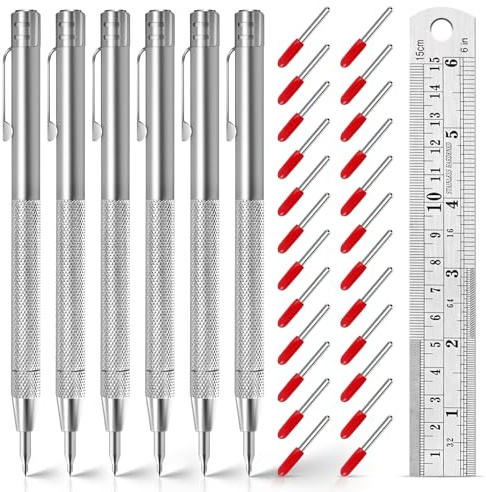 Nufiwra Set di 6 pennarelli in carburo di tungsteno, con 24 punte di ricambio e righello in acciaio da 15,2 cm, strumenti magnetici per marcatura in metallo, per vetro, acciaio, ceramica, legno, pelle