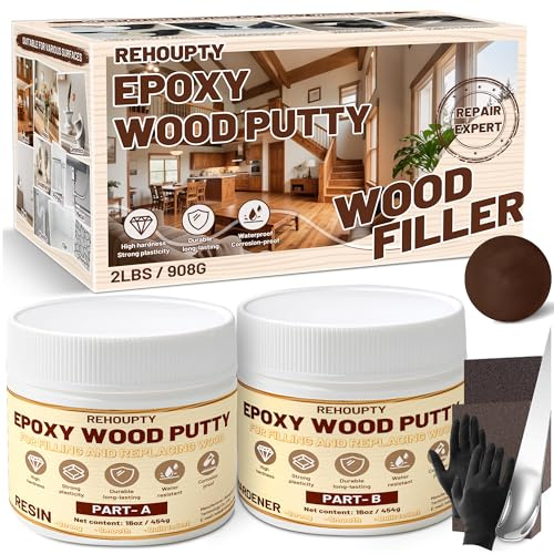 Epoxy Wood Putty Filler Kit, High Capacity Strength Wood Epoxy & Repair Kit - Stainable Paintable 32oz 2-Part Putty Filler, Woodon Filler Interior & Exterior Furniture Repair Set for Damages (Brown)