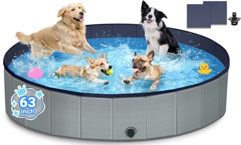 Bamda Hund plaskdamm – 2026 uppgradering 5 mm PP-bräda och förtjockad botten, 63 tum halkfri hopfällbar hundplaskdamm för små, medelstora och stora hundar, barn, 160 x 30 cm (grå)