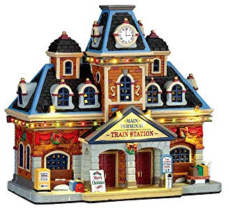 Lemax - Escultura de Estación de Tren Principal - Iluminada, con Adaptador de 4.5v, Decoración de Navidad, Estilo Granja, Ocasión Navidad, Material Porcelana, Montaje Sobremesa